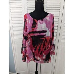 Sioni Top Womens Sz L Chiffon Watercolor Blouse Bell Sleeve Crochet Trim PinkRed